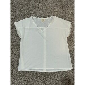 Flower & Feather White Swiss Dot Lace Trim Button Back Blouse Top XL TB8515Y